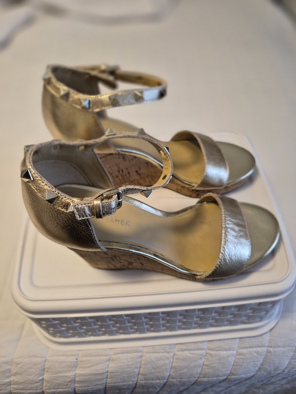 Marc Fisher Metallic Gold Studded Ankle-Wrap Wedges